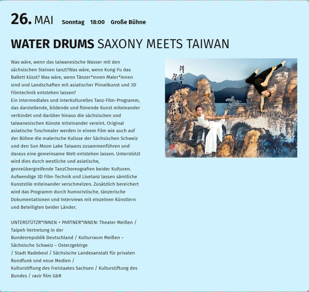 Theater Meißen     26.MAI Sonntag 18:00 Große Bühne     WATER DRUMS SAXONY MEETS TAIWAN